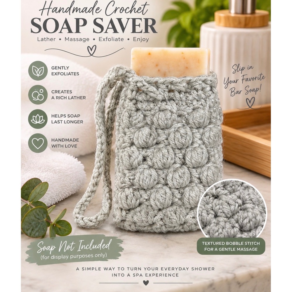 Handmade Crochet Soap Saver Pouch Gray Bobble Massage Body Scrubber